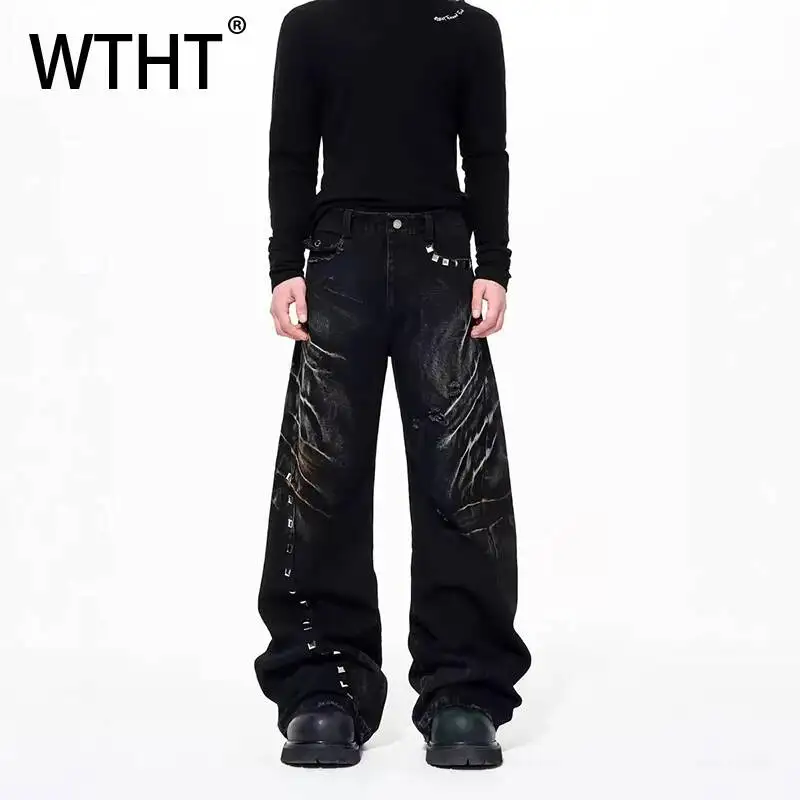 

WTHT Fashion Men's Striped Wash Do Old Design Denim Pants Vintage 2026 Summer American Style Wide Leg Loose Jeans Male 2A3132