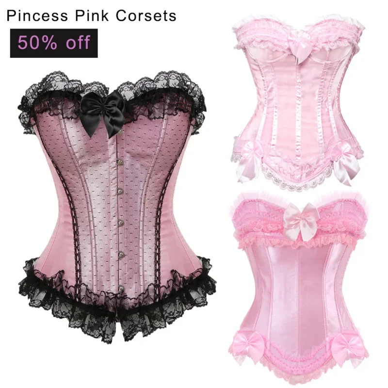 

Pink corset bustier top Victorian overbust Princess corset lace trim showgirl lingerie costume corsets for women plus size