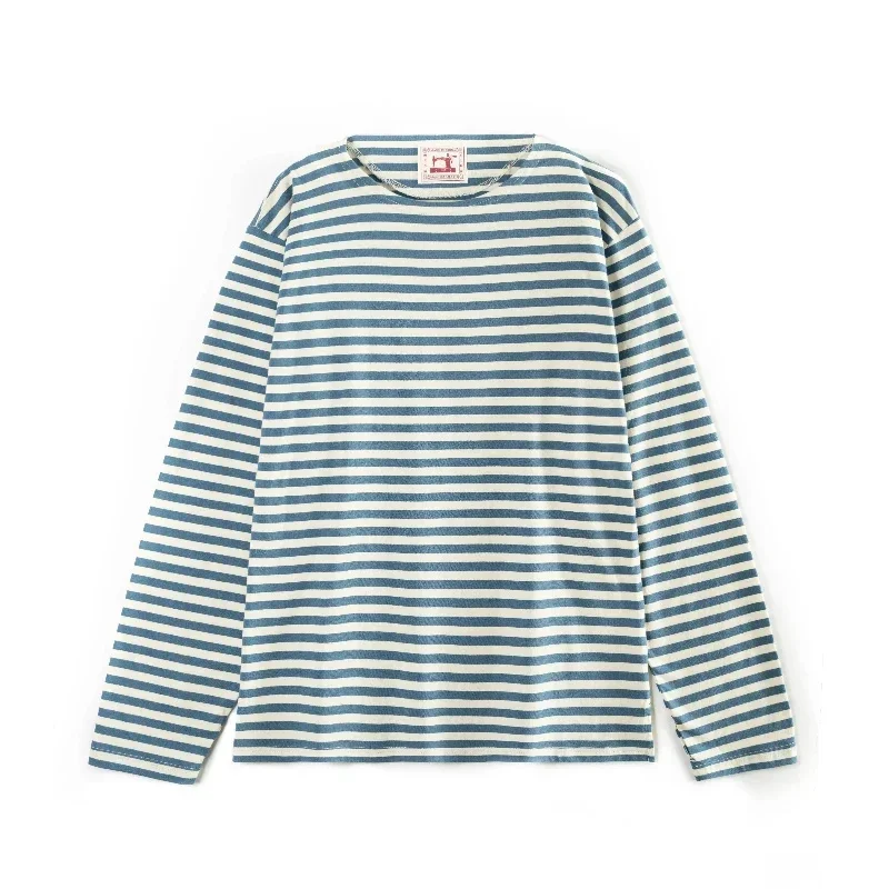 Nueva camiseta informal holgada de un cuello para hombre, camiseta a rayas azules y blancas, camisa de alma marina de manga larga versátil de algodón puro para hombre