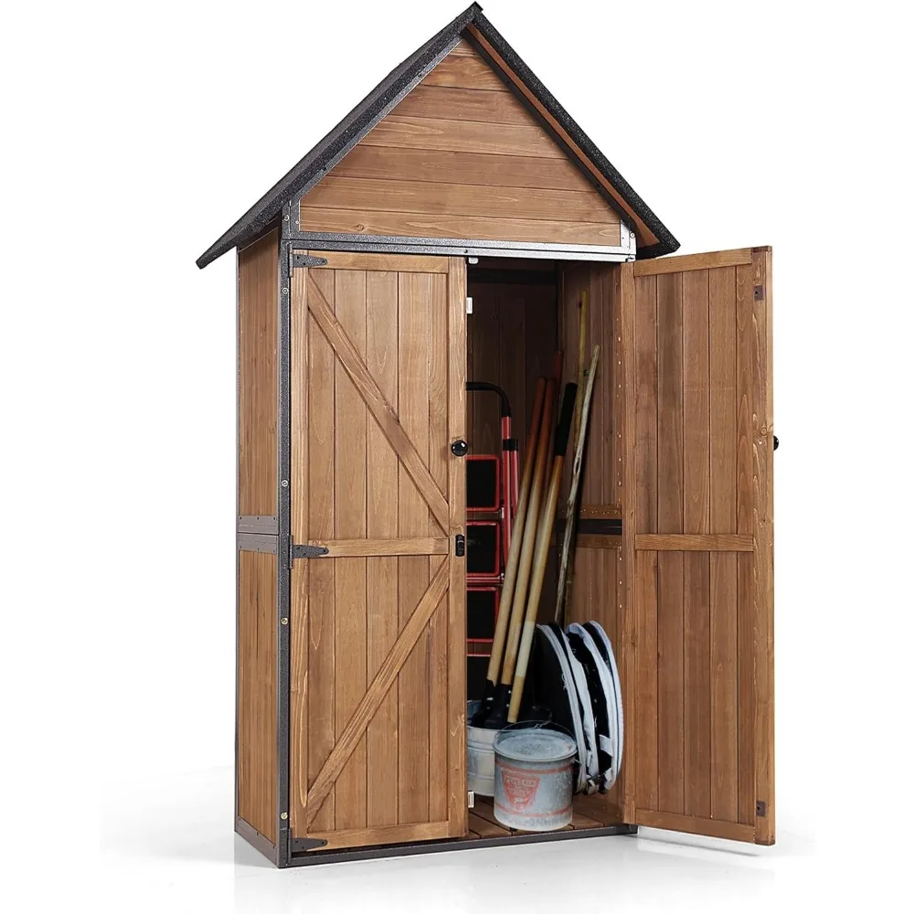 سقيفة تخزين خارجية، سقيفة أدوات حديقة خشبية مع إطار معدني، سقف منحدر وأرفف قابلة للتعديل مكونة من 3 طبقات، مخزن خارجي