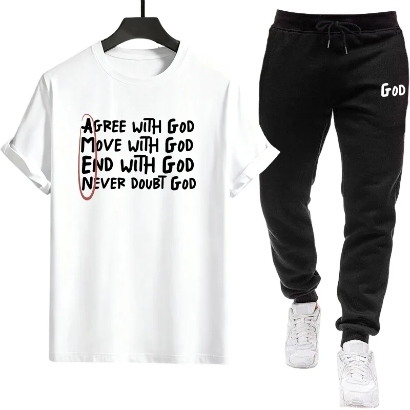 God Amen Print Mens Tracksuit T-shirt + Sweatpants Urban Causal Sports Outfit Male Spring Summer Home Outdoor Comfort Cool Set