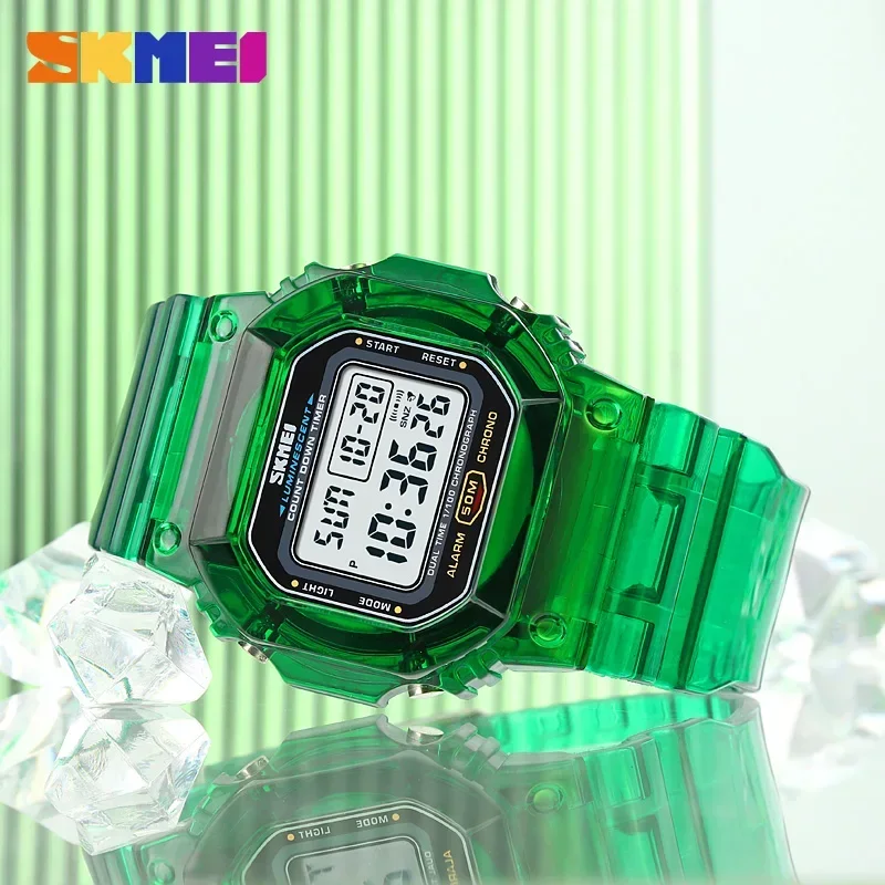 Skmei Transparent PU Strap Lady Wristwatch Shockproof Reloj Mujer Multifunctional 2 Time Count Down Women Digital Watches 1999