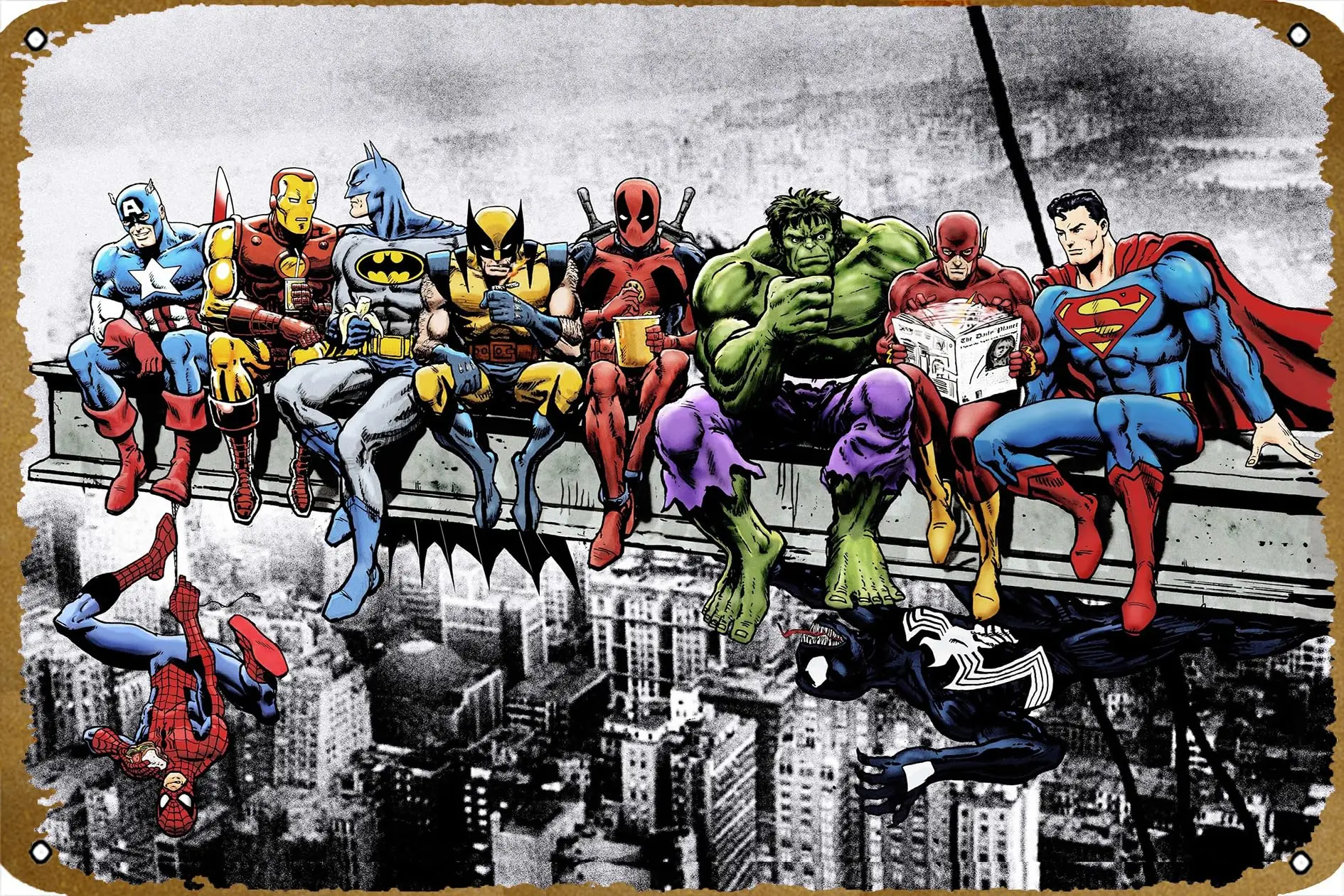 Superheroes Lunch Atop A Skyscraper Funny Art Metal Tin Sign 8x12 inch Bar Pub Indoor Outdoor Wall Decor Gifts for Man