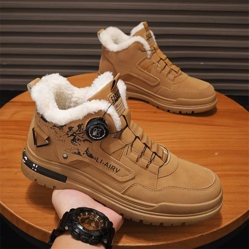 2024 New Leather Men's Boots Winter Platform Warm Fur Ankle Short Lace Up Fashion Casual Work Shoes Botas Platform Boots