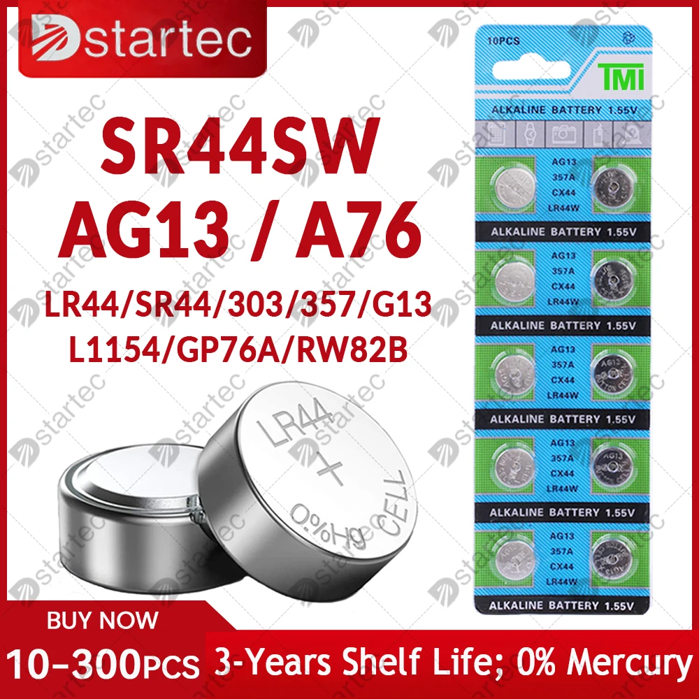 10PCS-300PCS 1.55V AG13 LR44 L1154 RW82 SR1154 SP76 pila SR44 Baterias Botão A76 LR1154 GP7 Relógio Brinquedos de Controle Remoto Bateria de Célula tipo Moeda