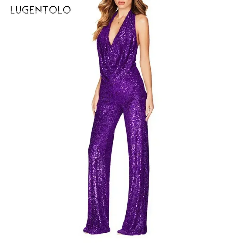 Sequins Sexy Jumpsuits Women Halter Fashion Summer Party Elegant Sleeveless Female New High Waist Street Straight Rompers