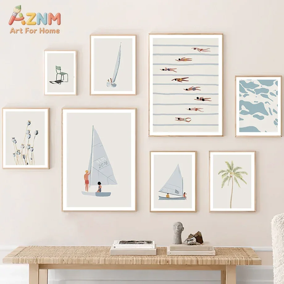 AZNM Minimalist Summer Beach Canvas Wall Art Sailboat Swimmers Palm Tree Ocean Scenery Soft Neutral Tone Illustration Coastal St