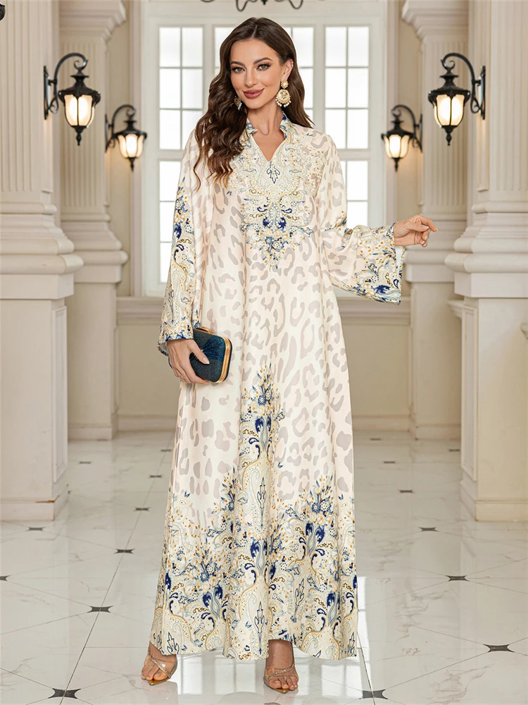 

Summer Party Dress for Women Leopard Print Eid Muslim Caftan Robe Ramadan Morocco Kaftan