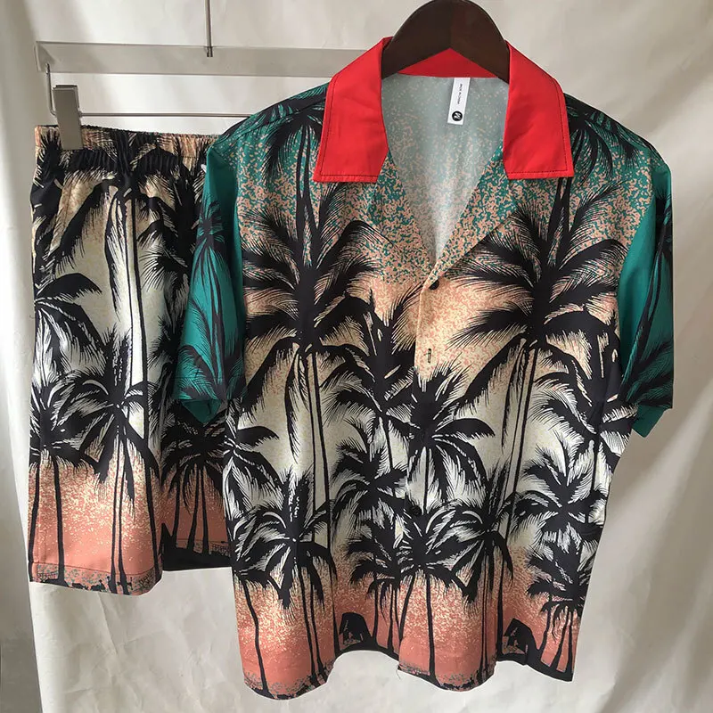 

2023 Coconut Tree Print Short-sleeved Shirt Set Short Top For Men Vintage Pattern Lapel Streetwear Shirt Suit Casual Sets Homme