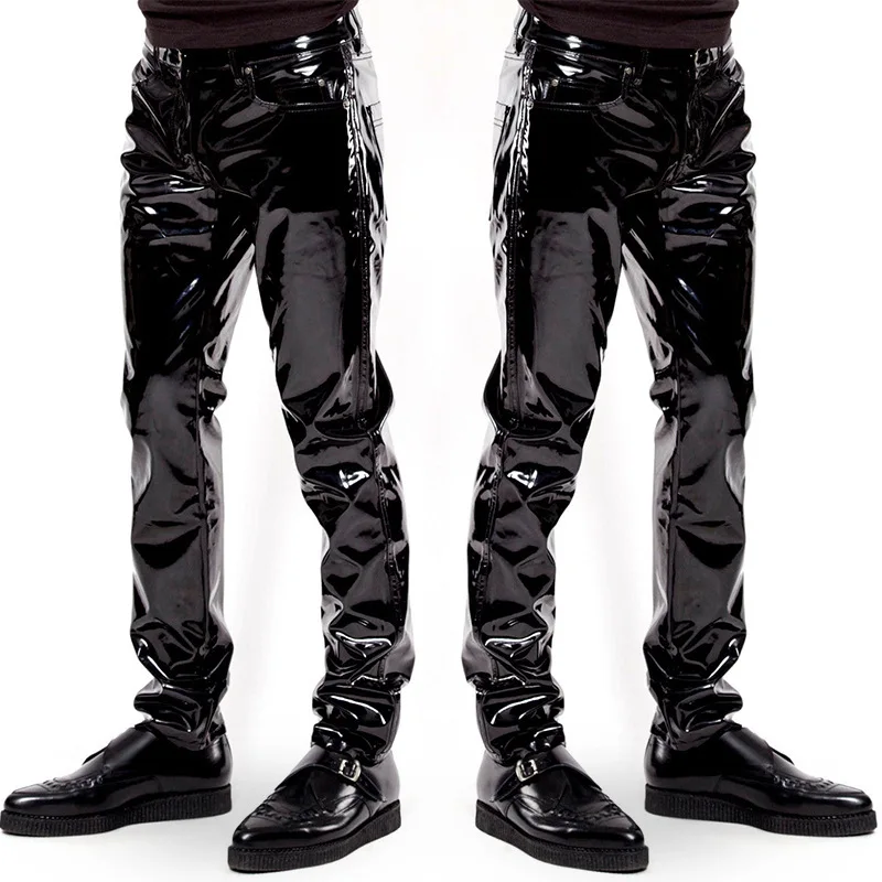 

New Mens Faux Leather PVC Pants Clubwear Black Slim Fit Nightclub Dance Party Trousers Motorcycle Ridding Pants For Male