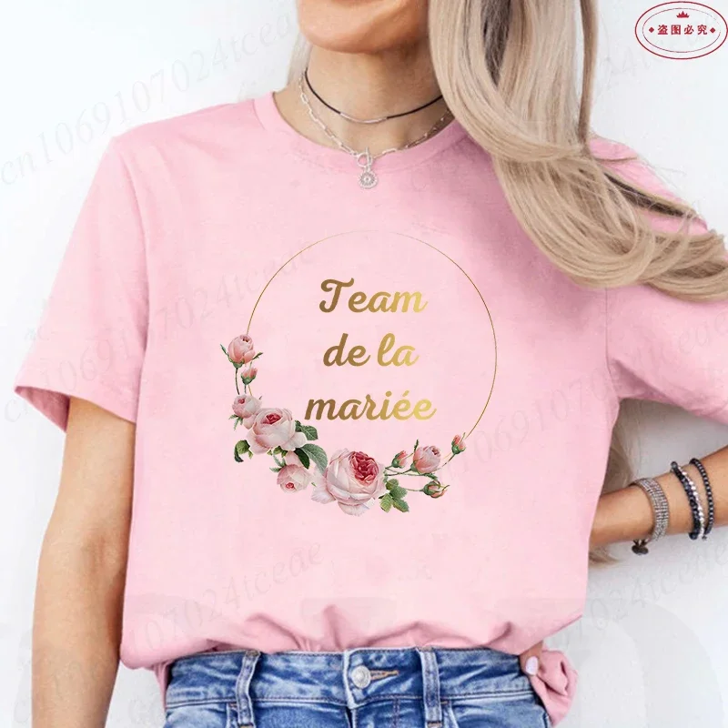 Franse vrouwen bruids bruiloft verloofd tshirt team toekomstige bruid bloem krans T-shirt vrijgezellenfeest tops korte mouwen tees