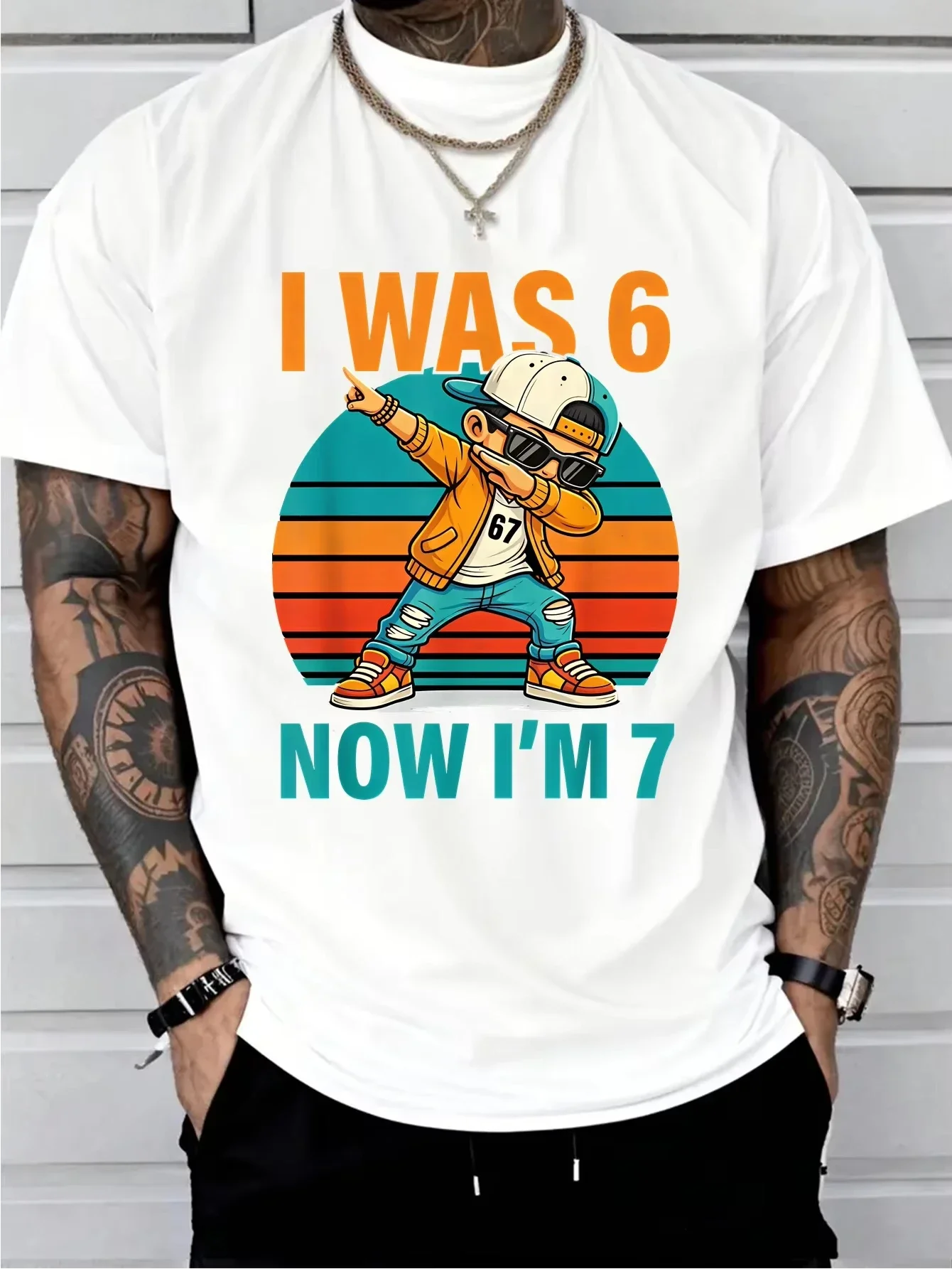 Retro I Was 6 Now Im 7 Graphic Mens T Shirt Humor Hip Hop Dabbing Design Daily Wear Short Sleeve Crew Neck Tee