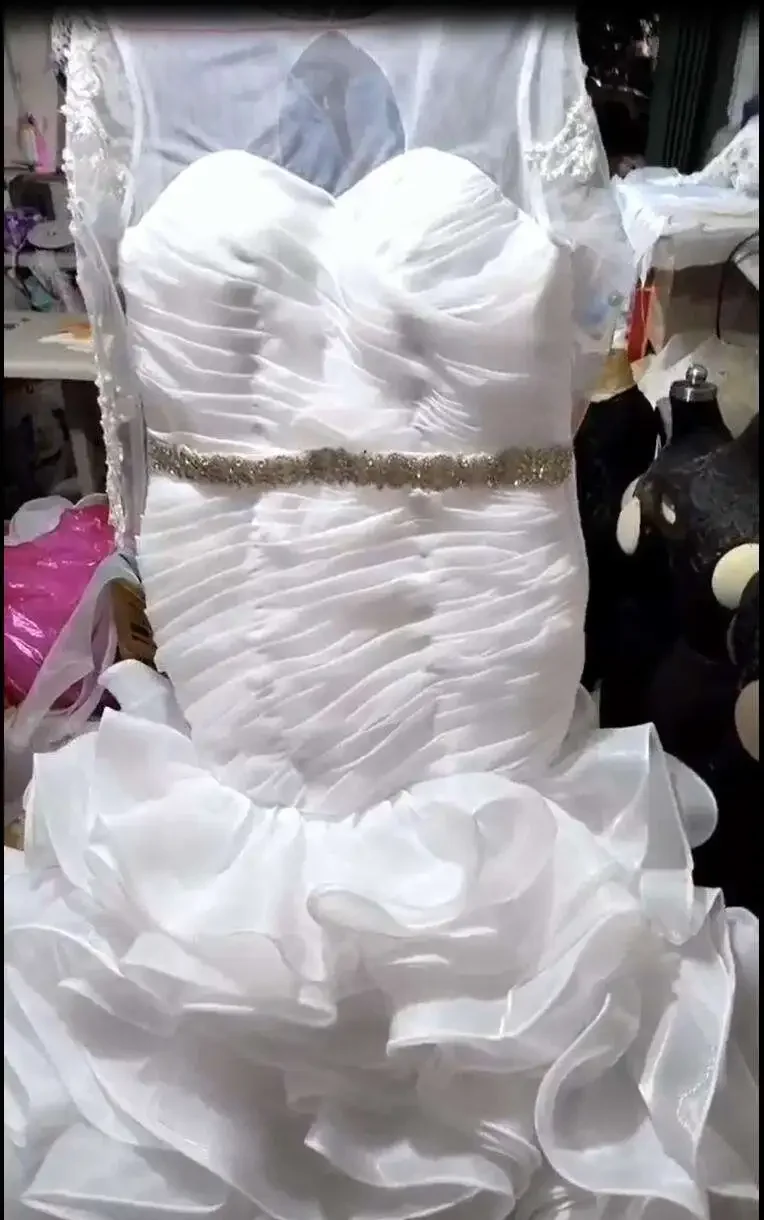 Customized  Sweetheart Beaded Belt Wedding Dress With Long Sleeves Jacket Robe De Mariée African Tiered Organza Bridal Gown