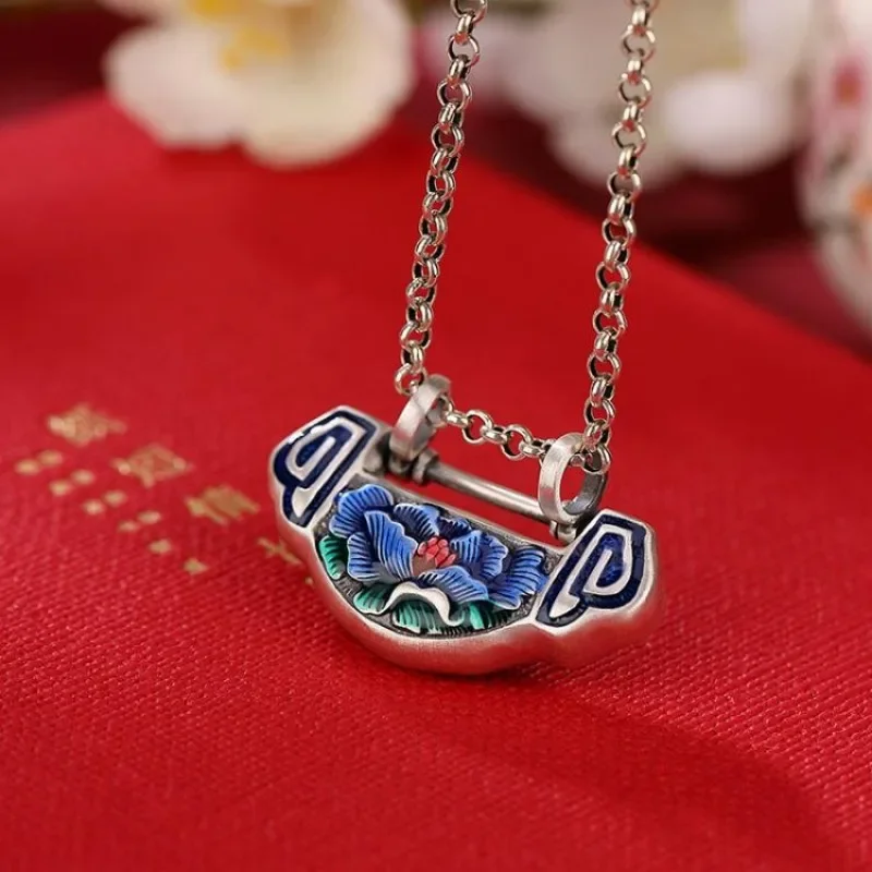 925 Silver Cloisonne Lotus Flower Ruyi Lock Pendant Exquisite Ethnic Style Flower Necklace for Women Wedding Jewelry Gifts