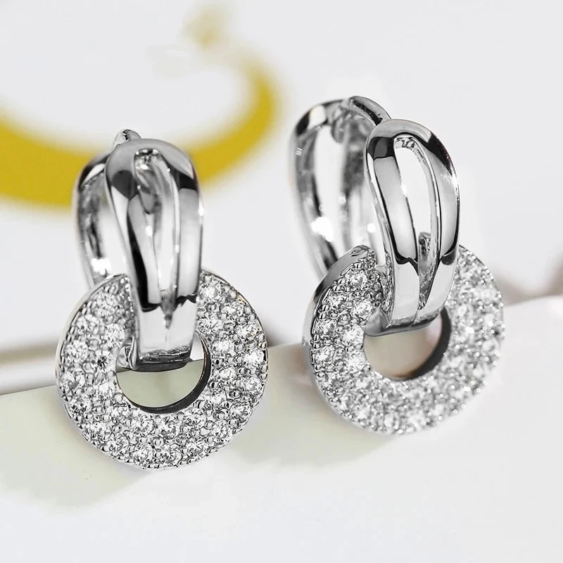 Huitan Dazzling Double Circle Linked Earrings for Women Silver Color/Gold Color Fashion Cubic Zirconia Earrings Luxury Jewelry