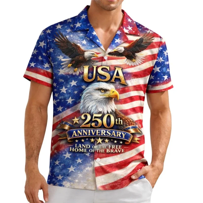 

USA 250 Year Of Freedom Graphic Hawaiian Shirt For Men 3D Print Patriotic Eagle Short Sleeves Summer Blouses Lapel Aloha Shirts