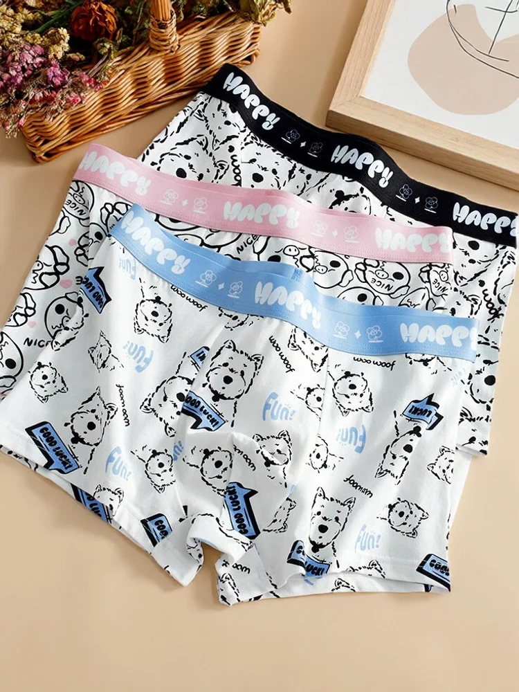 Cute Cartoon Puppy Print Men's Cotton Boxer Briefs, Soft 95% Cotton Young Boys Underwear