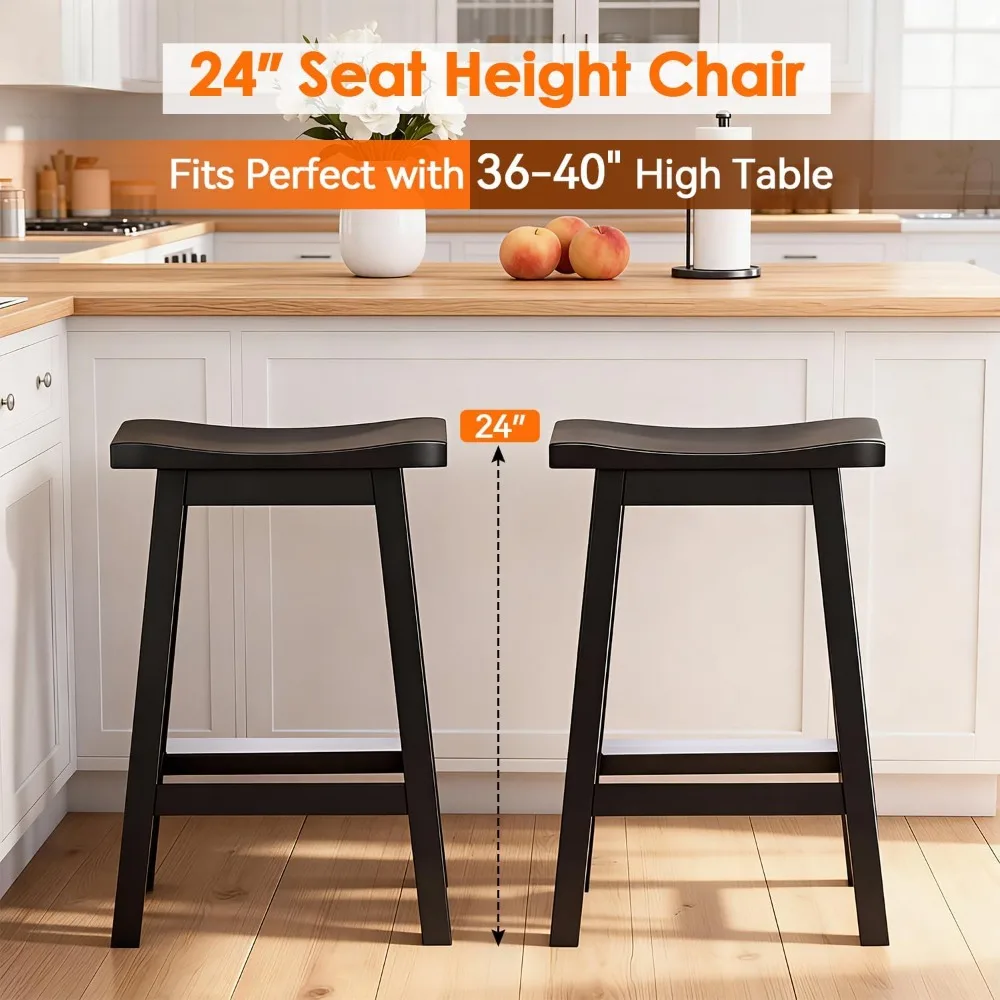 工業用木製サドルスツール 2個セット、高さ24インチ、フットレスト付き、キッチン、バー、レストラン、家庭用ダイニング用