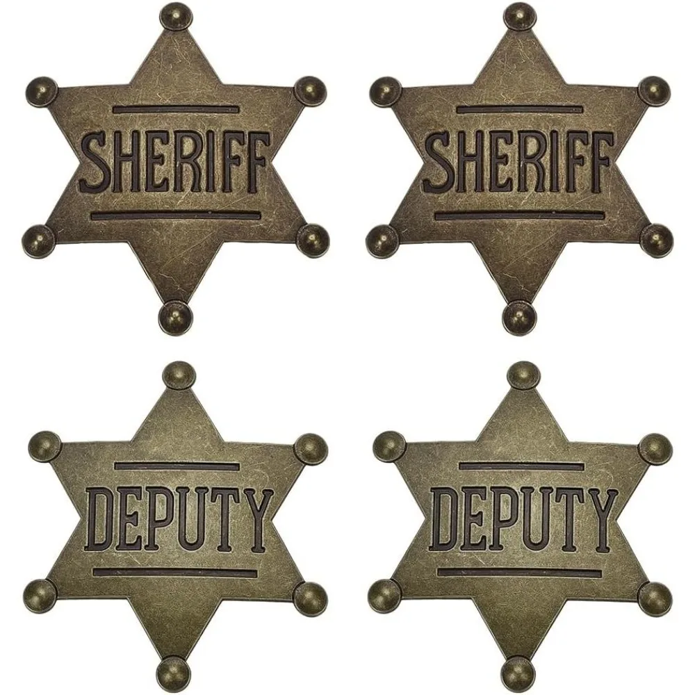 4 Pcs Style Alloy Sheriff Badge 2.6x2.28 inch Deputy Sheriff Metal Pin Bronze/Golden Police Brooch Western Cowboy Star Shape