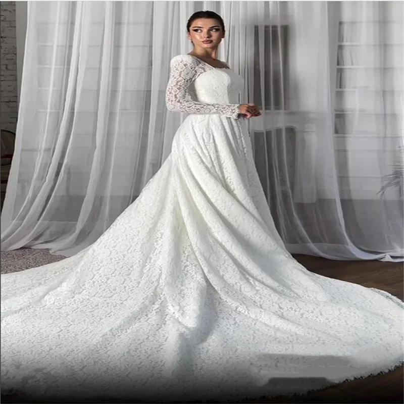 Saudi White  Wedding Dress High Neck Customized Full Sleeves Court Train Vestido De Noiva Arabian Lace Bridal Gown A Line Design