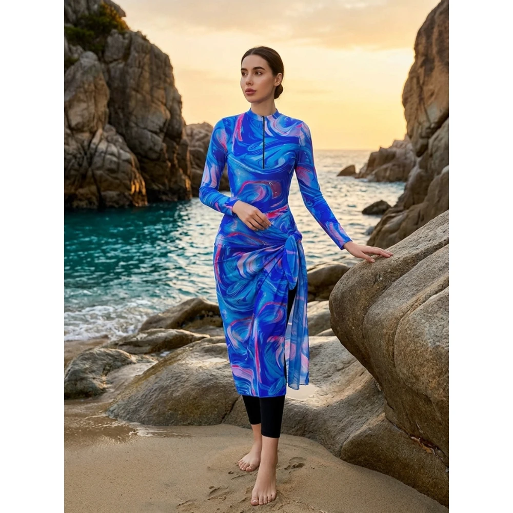 Women 3Pcs Burkini Modest Swimsuit Blue Marble Swirl Print Zip Long Sleeve Bodysuit Leggings Wrap Dress UPF50 Beach Surf Suit