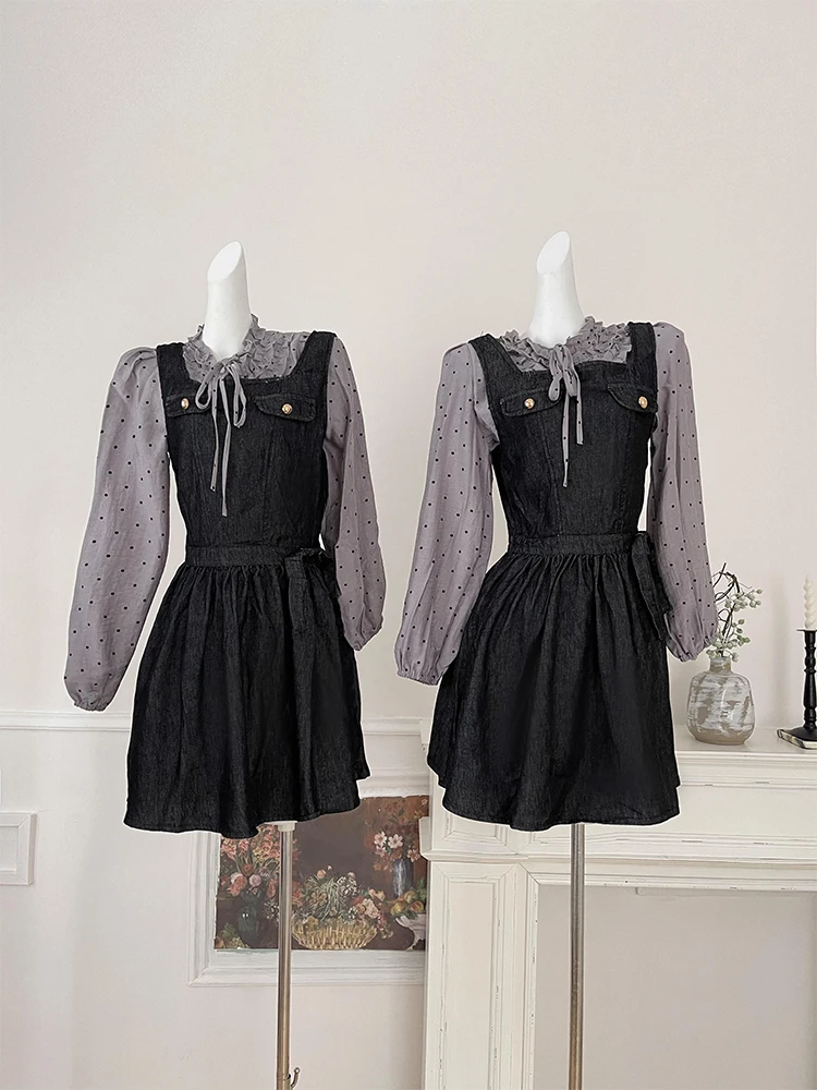 Autumn Winter Cute Mori Girl Women Suit Party Preppy Korean Outfits 2 Piece Set Long Sleeve Polka Dot Shirts + Mini Denim Dress