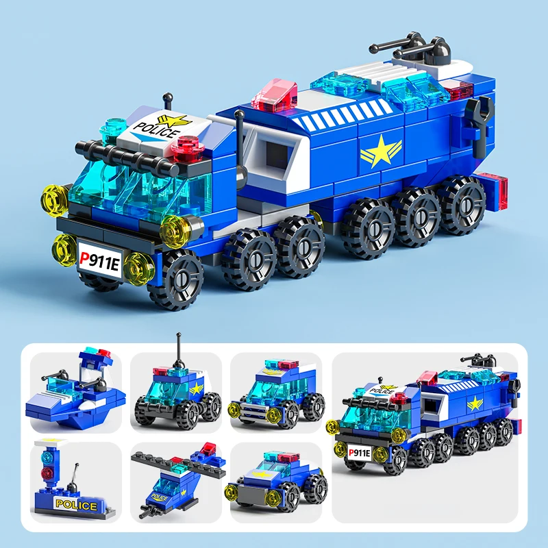 Police Truck City Fire Car Engineering Crane Tank Helicopter Bricks Set Toys for Children Kids 6IN1 Building Blocks