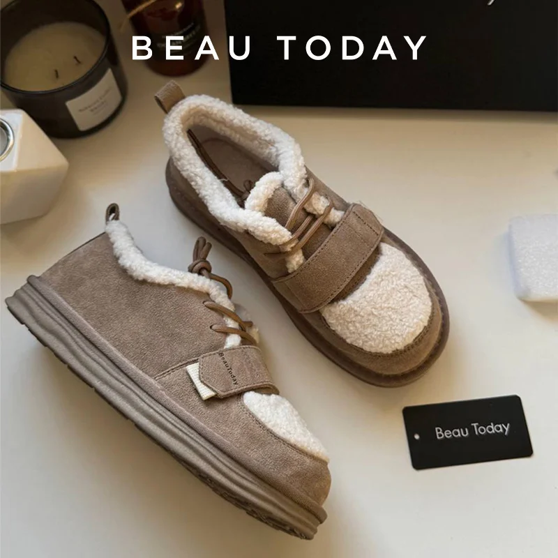 BEAUTODAY Furry Flats Women Cow Suede Round Toe Solid Color Hook & Loop Lace-Up 2023 Winter Ladies Warm Shoes Handmade 27843