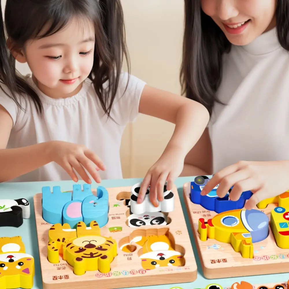 Game 4 in 1 3D Wooden Puzzles Cartoon Educational Wooden Puzzle Toy High Quality Animal Wooden Rainbow Blocks Puzzle Baby