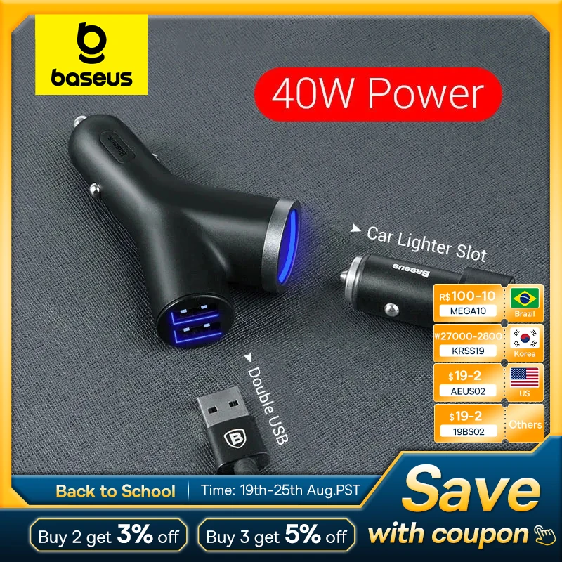 Baseus 40W Car Charger for Universal Mobile Phone Dual USB Car Cigarette Lighter Slot for Tablet GPS 3 Devices Car Phone Charger