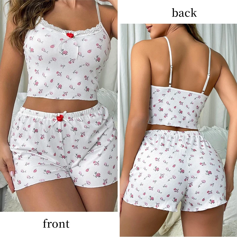 Summer Floral Print Home Clothing Two-Piece Set with Fresh Suspender Top and Shorts Sexy Set for Women\'s Pajamas