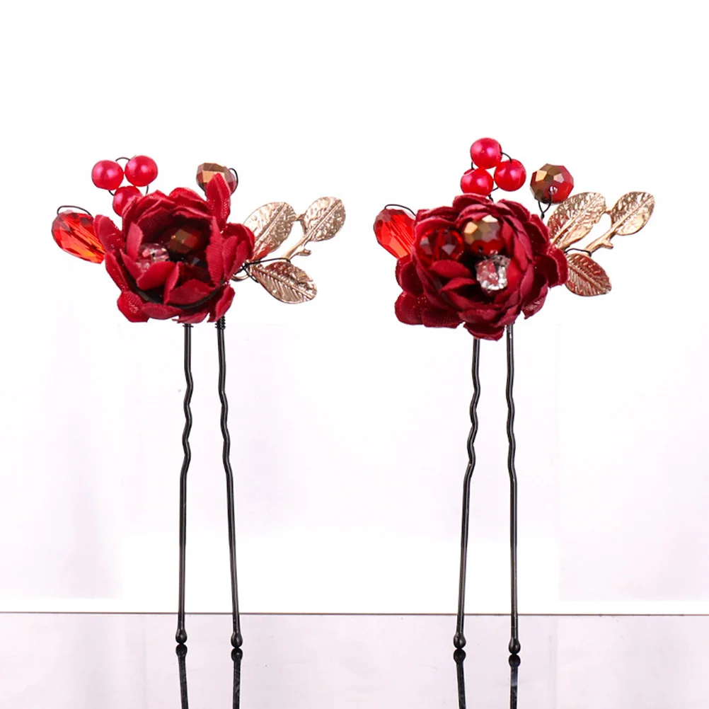 

10Pcs Flower Hairpins Stylish Red Bead Hair Accessories for Bride Wedding Birthday Valentine Gift Bridal Hairpins