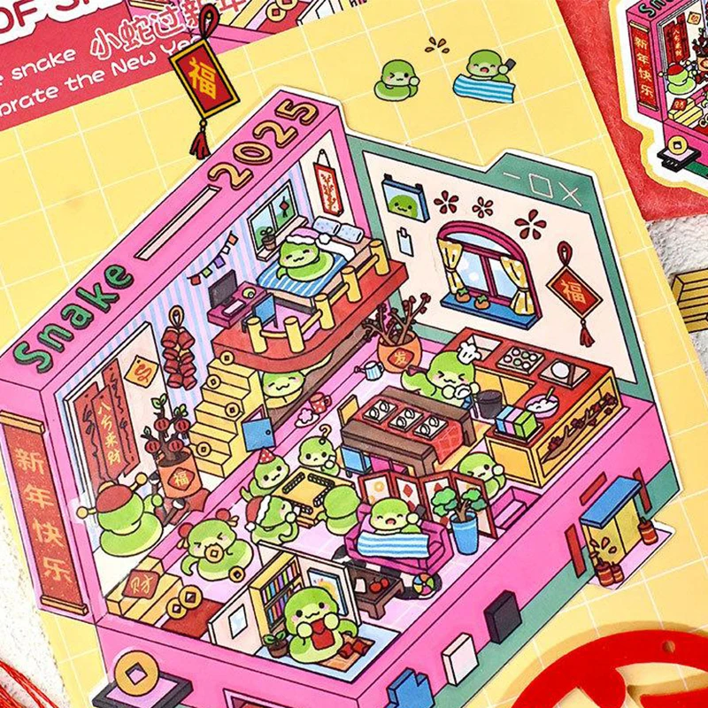 1Set Kawaii Snake Year 3D Landscaping Stickers Cartoon Miniature Scene Visual Stacking Three-dimensional Stickers Children Gifts
