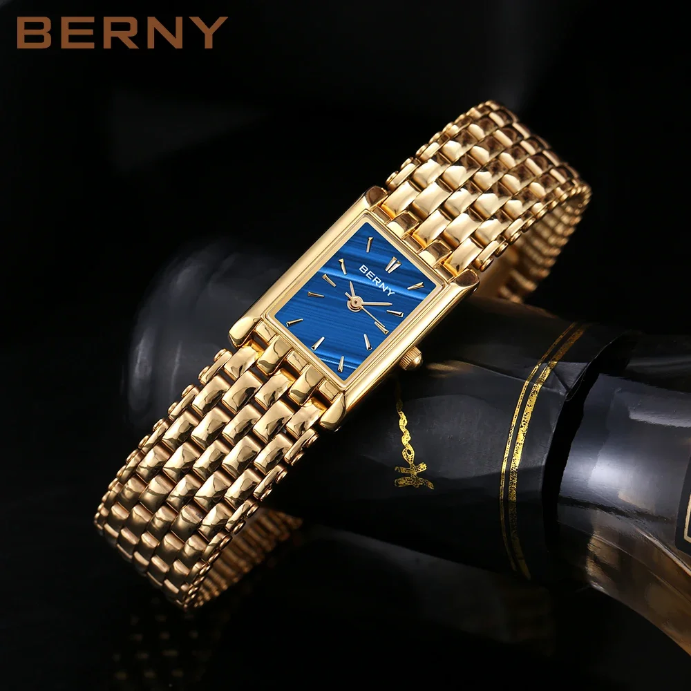 BERNY Quartz Watch for Women Glod Rectangle Luxury Waterproof  Female Clock Stainless Steel Classic Fashion Ladies WristWatch