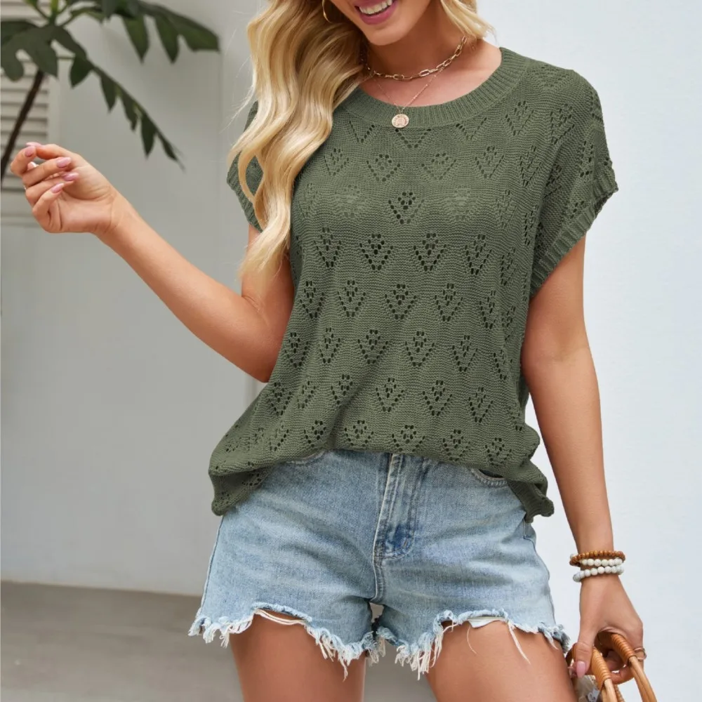 

Knitted Sweater Hollow Top Fashion New Women's Spring Summer Crochet Outer Solid Color Short-sleeved T-shirt Футболка Женская