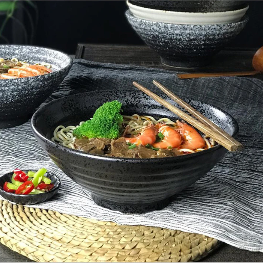 

Thickened Ceramic Bowl Black Multi-Use Food Serving Bowl for Dinner Gathering Hot Dishes Salad Instant Noodles