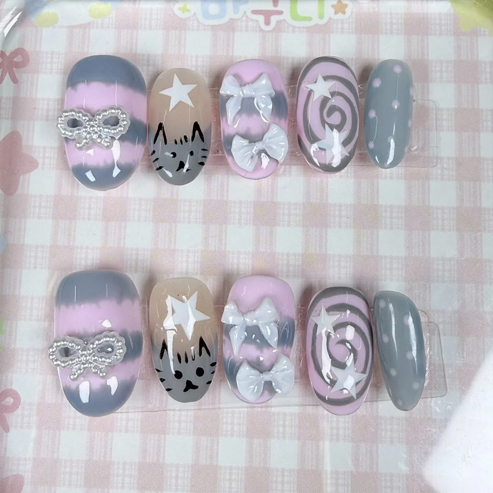 Cartoon Niedlicher Rosa Hase Dessert Liebesbär Ellipsen-Nagelkunst 3D Stern Schmetterling Knoten Flügel Punkt-Muster Künstliche Nägel Geburtstagsgeschenk – Detail 26