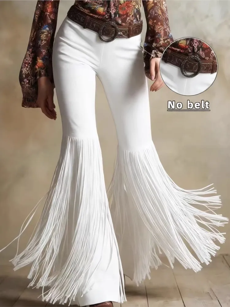 2026 Women's Retro Western Tassel New Suede Pants Spring And Summer Personality Street Solid Color Mid-waist Micro Trousers - Image 2