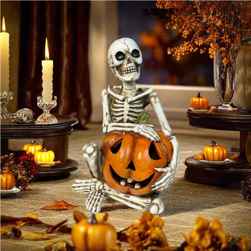 

Halloween Ghost Holding Pumpkin Figurines Halloween Scary Haunted House Props Resin Skeleton for Halloween Party Bar Game Decor