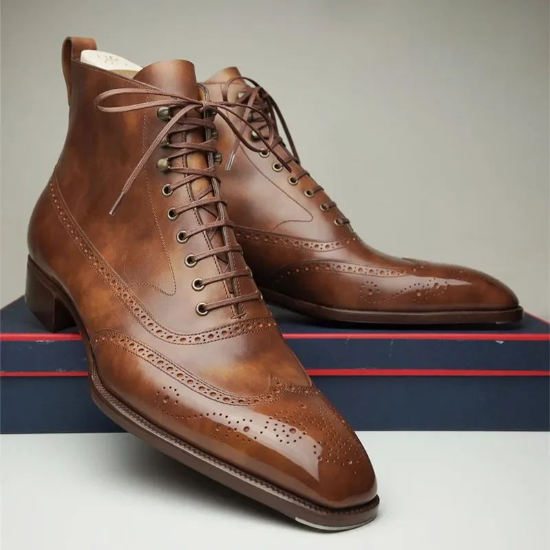 Brown Brogue Men Short Boots  Lace-up Ankle Handmade Square Toe Motorcycle Boots  with Men Boots Zapatos Hombre