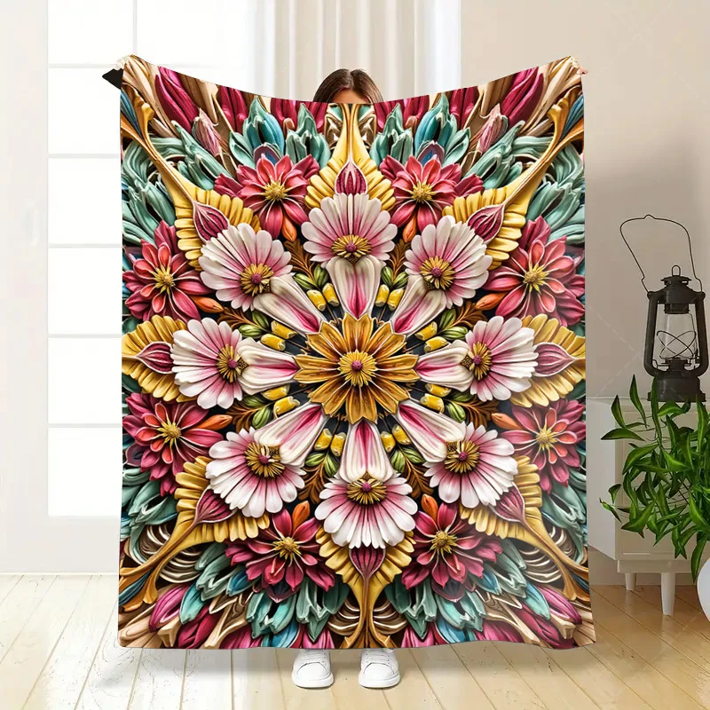 1 قطعة بطانية الفانيلا نابضة بالحياة الأزهار ماندالا رمي بطانية لديكور غرفة المعيشة المريحة