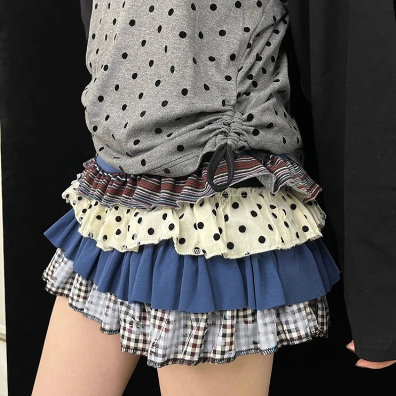 オリジナルデザイン ブルー パッチワーク 水玉模様 レディース プリーツスカート ニューヴィンテージ 可愛い ミニ丈 ケーキ風 ショートスカート