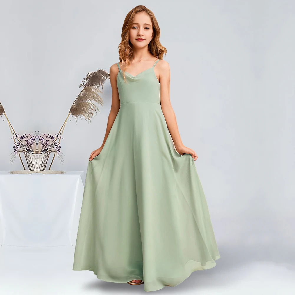 Elegant A-Line Cowl Floor-Length Chiffon Junior Bridesmaid Dresses Celadon Stunning Flower Girl Dresses Party Wedding Kids Dance