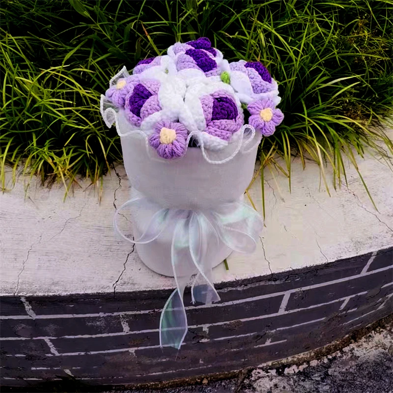 Artificial Pink Flower Roses Knitted Bouquet Handmade Yellow Blue Purple Bouquets Christmas Valentine Mothers' Day Birthday Gift