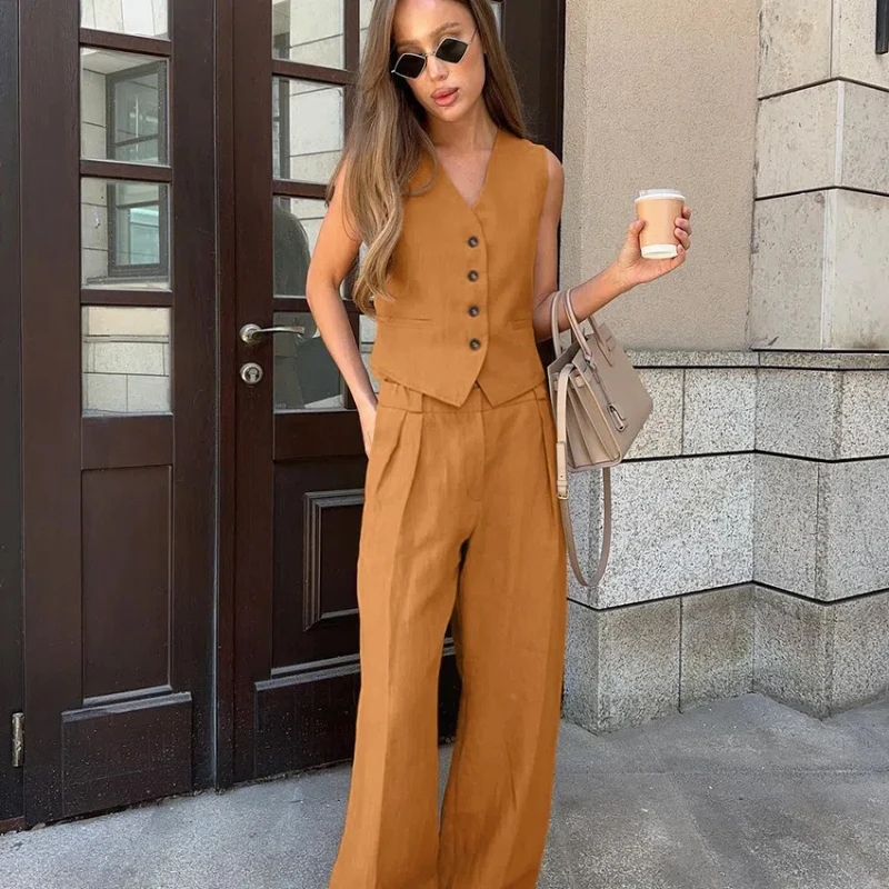 Fashion Solid Color Cotton Linen Commuting V-neck Vest Pants Two-piece Set Versatile Casual Suit for Women