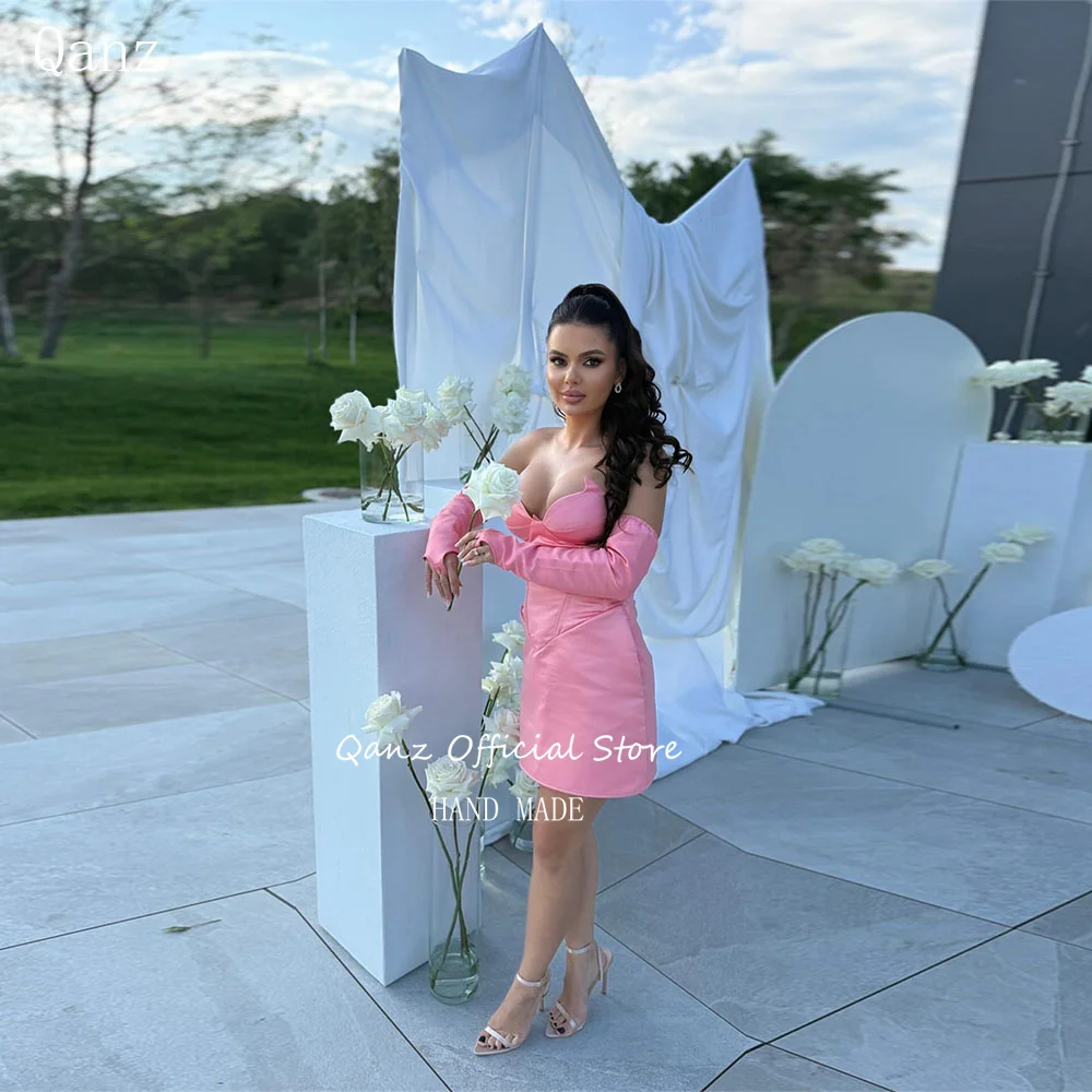 

Qanz Pink Satin Short Prom Dresses Long Sleeves Wedding Party Dress Sweetheart Sexy Backless Mini Robes De Cocktail Customized