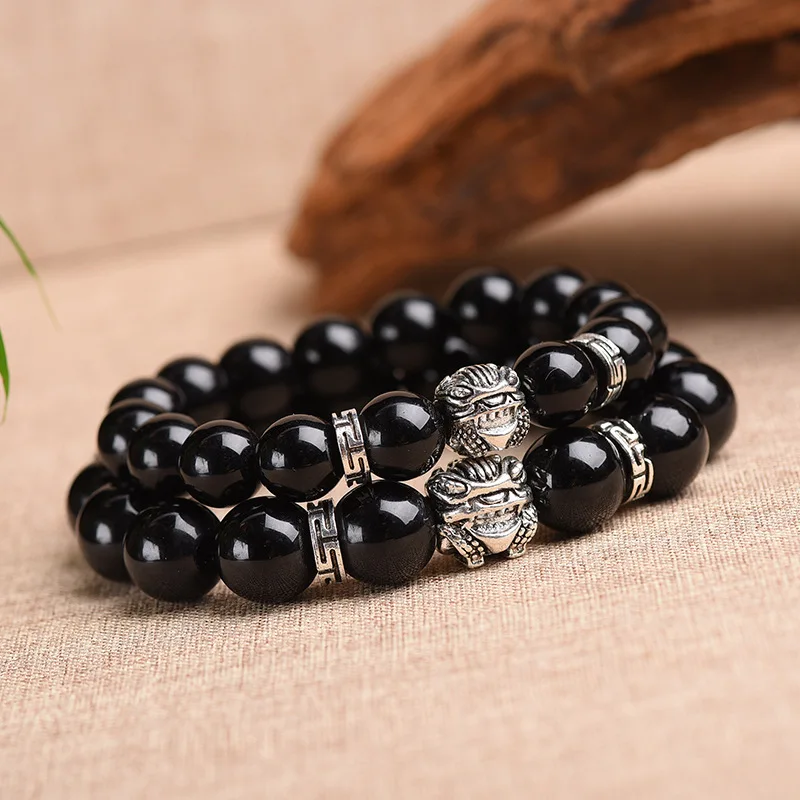 Vintage Agate Black Radiant Stone Round Pixiu Bracelet for Women Men Retro Versatile Crystal Charm Bracelet Pendiente Ojo Turco