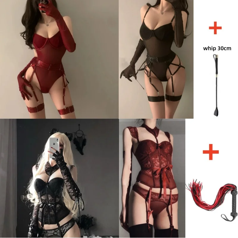 النادي الليلي الزي سيسي Crotchless القمم Ellolace بودسوت/ بدلة الجسم المصنوعة من الدانتيل مثير انظر من خلال قفازات الرباط والجلود سوط لعبة الجنس