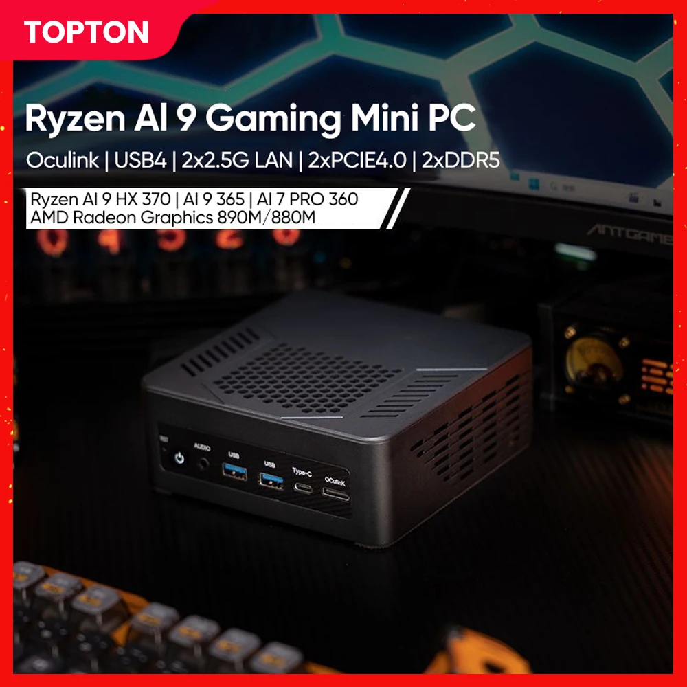 Topton Oculink Mini PC Gamer AMD Ryzen AI 9 HX 370 365 7 PRO 360 USB4 2x2.5G LAN 2xPCIe4 Komputer stacjonarny do gier Windows11 WiFi6