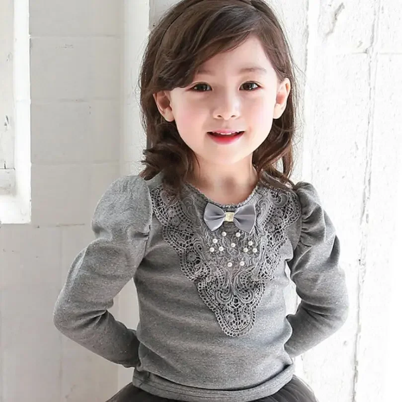 

Spring Autumn Girls Puff Sleeve Lace Bow Cotton Shirts Baby Toddler Girl Blouse Tops Kids Bottoming Shirt Children Clothes